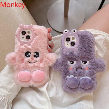 3D Cute Cartoon Funny Phone Case For iPhone 16 15 Plus 14 13 12 11 Pro Max Warm Winter Fluffy Plush Soft Bumper Protection Cover