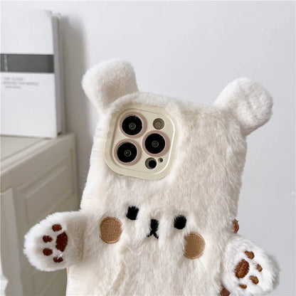Cute Bear Soft Fluffy Plush Phone Cases For iPhone 16 Pro Max 15 14 13 12 11 X XS XR 7 8 Plus Autumn And Winter Shockproof Cover