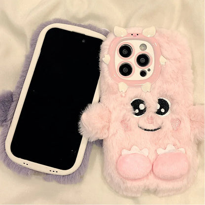 3D Cute Cartoon Funny Phone Case For iPhone 16 15 Plus 14 13 12 11 Pro Max Warm Winter Fluffy Plush Soft Bumper Protection Cover