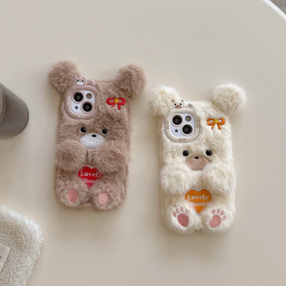 Cartoon Cute Flower Bear Plush Phone Case Couple's Autumn Winter Warm Phone Accessories for iPhone 16 15 Pro Max