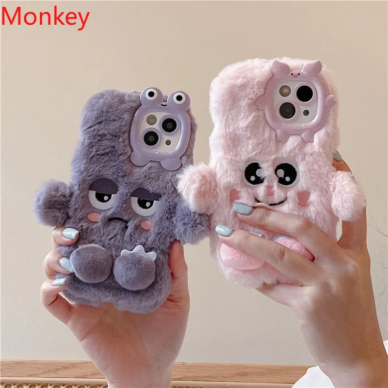 3D Cute Cartoon Funny Phone Case For iPhone 16 15 Plus 14 13 12 11 Pro Max Warm Winter Fluffy Plush Soft Bumper Protection Cover