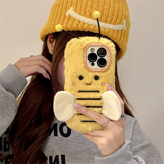 Cute Fur Fluffy Bee Phone Case For iPhone 16 Pro 15 Plus 14 Pro Max 11 12 13 Pro Cover Cartoon Plush Silicone Cases with Stand