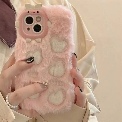 Monster Lens Pink Plush Love Case For iPhone 15 14 13 12 11 Pro Max Shockproof Plush Cover