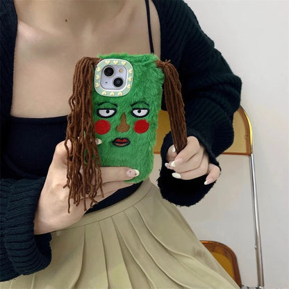 Korean Cute Funny Ugly Blush Girl Face Fur Phone Case For iPhone 16 Pro 15 14 13 12 Pro Max 11 Cartoon DIY Braids Plush Cover