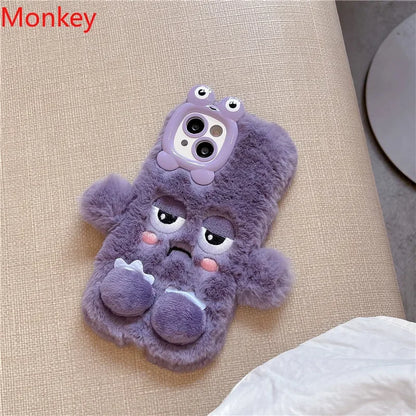 3D Cute Cartoon Funny Phone Case For iPhone 16 15 Plus 14 13 12 11 Pro Max Warm Winter Fluffy Plush Soft Bumper Protection Cover