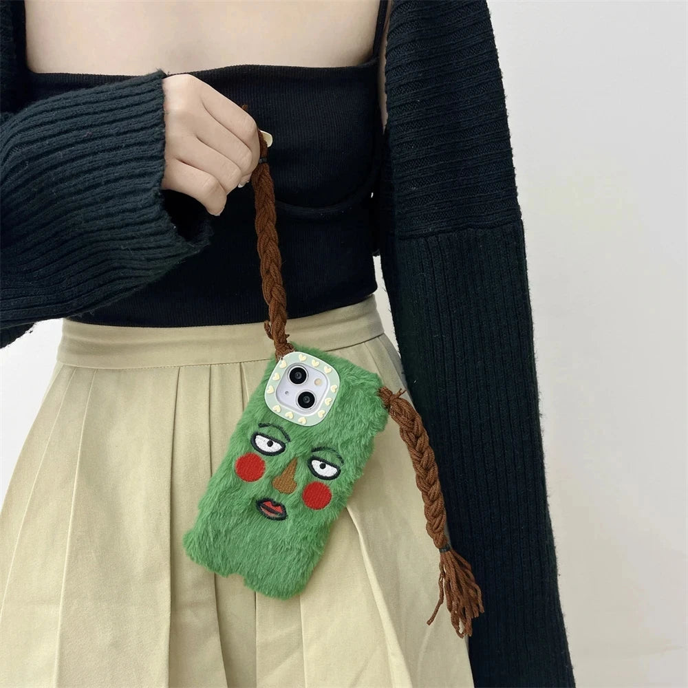 Korean Cute Funny Ugly Blush Girl Face Fur Phone Case For iPhone 16 Pro 15 14 13 12 Pro Max 11 Cartoon DIY Braids Plush Cover