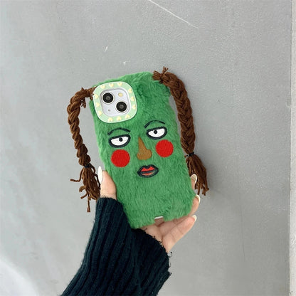 Korean Cute Funny Ugly Blush Girl Face Fur Phone Case For iPhone 16 Pro 15 14 13 12 Pro Max 11 Cartoon DIY Braids Plush Cover
