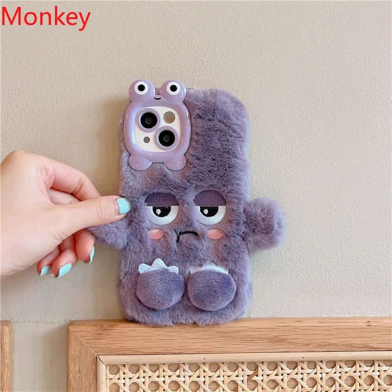 3D Cute Cartoon Funny Phone Case For iPhone 16 15 Plus 14 13 12 11 Pro Max Warm Winter Fluffy Plush Soft Bumper Protection Cover