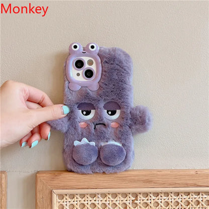 3D Cute Cartoon Funny Phone Case For iPhone 16 15 Plus 14 13 12 11 Pro Max Warm Winter Fluffy Plush Soft Bumper Protection Cover