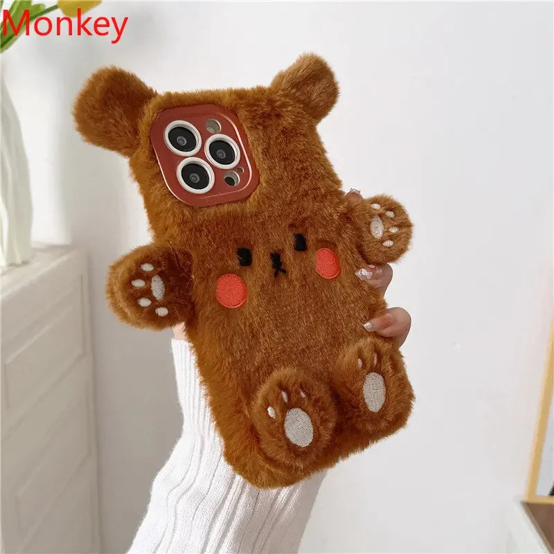 Cute Bear Soft Fluffy Plush Phone Cases For iPhone 16 Pro Max 15 14 13 12 11 X XS XR 7 8 Plus Autumn And Winter Shockproof Cover