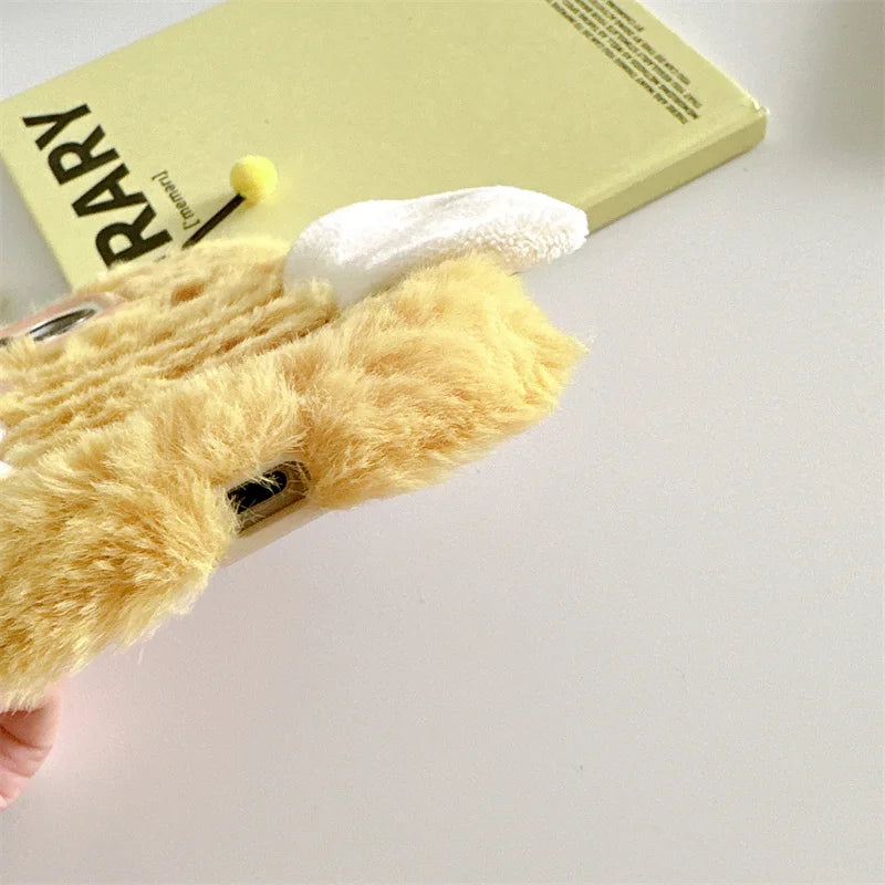 Cute Fur Fluffy Bee Phone Case For iPhone 16 Pro 15 Plus 14 Pro Max 11 12 13 Pro Cover Cartoon Plush Silicone Cases with Stand