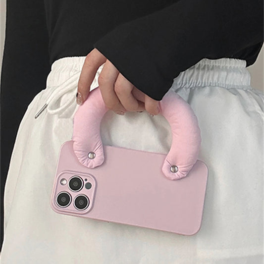 Cute Candy Color Puff Wristband Phone Case For iPhone 15 14 13 12 11 Pro Max Soild Color Winter Bracelet Soft Shockproof Cover
