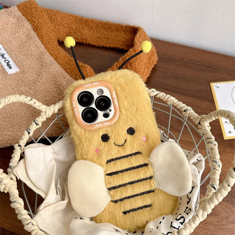 Cute Fur Fluffy Bee Phone Case For iPhone 16 Pro 15 Plus 14 Pro Max 11 12 13 Pro Cover Cartoon Plush Silicone Cases with Stand