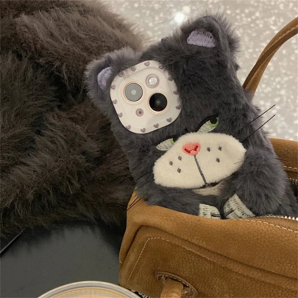 Ins Korean Cute Cartoon Grey Cat Fur Phone Case For iPhone 16 Pro 15 14 13 12 Pro Max 11 Funny Winter Plush Anime Soft Cover