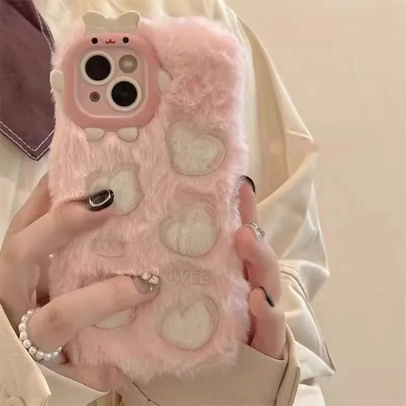 Monster Lens Pink Plush Love Case For iPhone 15 14 13 12 11 Pro Max Shockproof Plush Cover