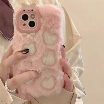 Monster Lens Pink Plush Love Case For iPhone 15 14 13 12 11 Pro Max Shockproof Plush Cover