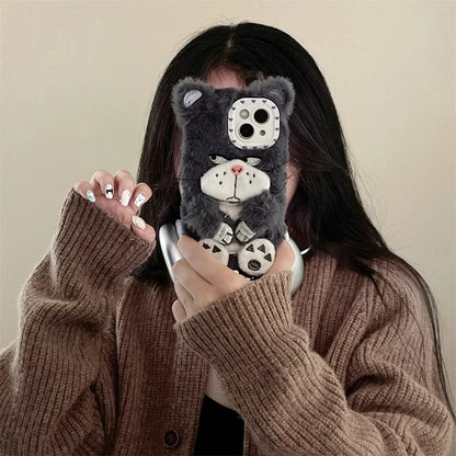 Ins Korean Cute Cartoon Grey Cat Fur Phone Case For iPhone 16 Pro 15 14 13 12 Pro Max 11 Funny Winter Plush Anime Soft Cover