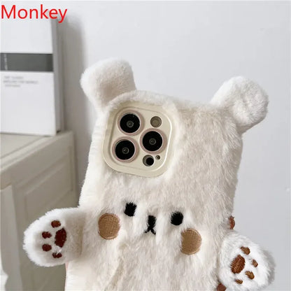 Cute Bear Soft Fluffy Plush Phone Cases For iPhone 16 Pro Max 15 14 13 12 11 X XS XR 7 8 Plus Autumn And Winter Shockproof Cover