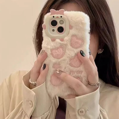 Monster Lens Pink Plush Love Case For iPhone 15 14 13 12 11 Pro Max Shockproof Plush Cover