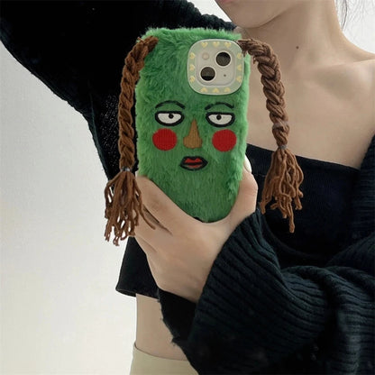 Korean Cute Funny Ugly Blush Girl Face Fur Phone Case For iPhone 16 Pro 15 14 13 12 Pro Max 11 Cartoon DIY Braids Plush Cover