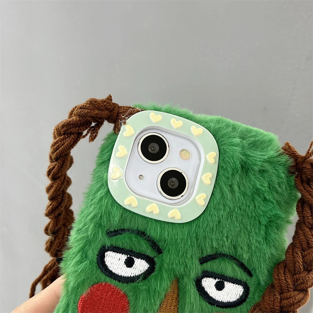 Korean Cute Funny Ugly Blush Girl Face Fur Phone Case For iPhone 16 Pro 15 14 13 12 Pro Max 11 Cartoon DIY Braids Plush Cover