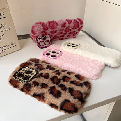 Fashion Leopard Fluffy Fur Case For iPhone 16 Pro Max 15 Plus 14 13 Kickstand Camera Lens Protection Frame Funda 16 Plus