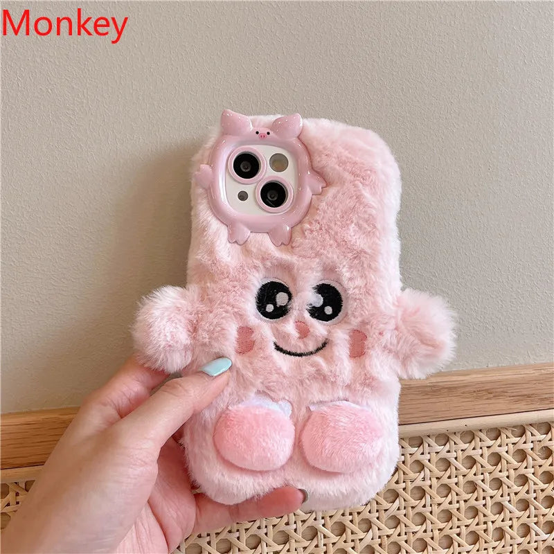 3D Cute Cartoon Funny Phone Case For iPhone 16 15 Plus 14 13 12 11 Pro Max Warm Winter Fluffy Plush Soft Bumper Protection Cover