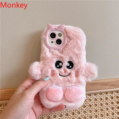 3D Cute Cartoon Funny Phone Case For iPhone 16 15 Plus 14 13 12 11 Pro Max Warm Winter Fluffy Plush Soft Bumper Protection Cover