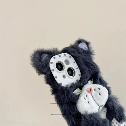 Ins Korean Cute Cartoon Grey Cat Fur Phone Case For iPhone 16 Pro 15 14 13 12 Pro Max 11 Funny Winter Plush Anime Soft Cover