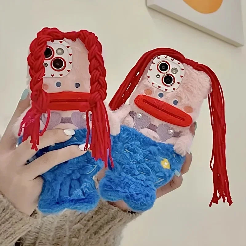 3D Cute Plush Mermaid Girls Gift Phone Case For iPhone 15 14 13 Pro Max 12 11 X XR 6 7 8 Plus Winter Fluffy Hair Soft Back Cover