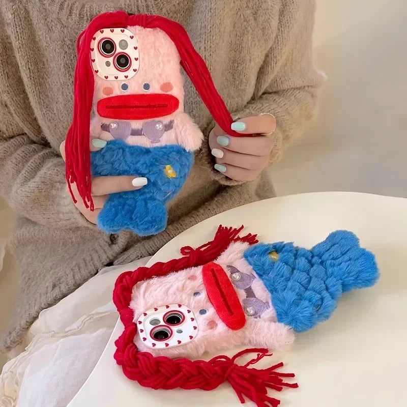 3D Cute Plush Mermaid Girls Gift Phone Case For iPhone 15 14 13 Pro Max 12 11 X XR 6 7 8 Plus Winter Fluffy Hair Soft Back Cover