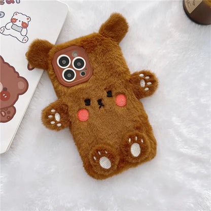 Cute Bear Soft Fluffy Plush Phone Cases For iPhone 16 Pro Max 15 14 13 12 11 X XS XR 7 8 Plus Autumn And Winter Shockproof Cover