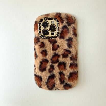 Fashion Leopard Fluffy Fur Case For iPhone 16 Pro Max 15 Plus 14 13 Kickstand Camera Lens Protection Frame Funda 16 Plus