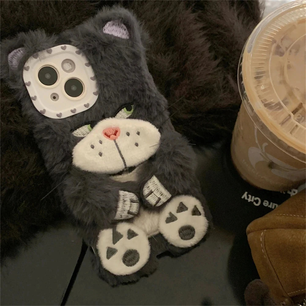 Ins Korean Cute Cartoon Grey Cat Fur Phone Case For iPhone 16 Pro 15 14 13 12 Pro Max 11 Funny Winter Plush Anime Soft Cover