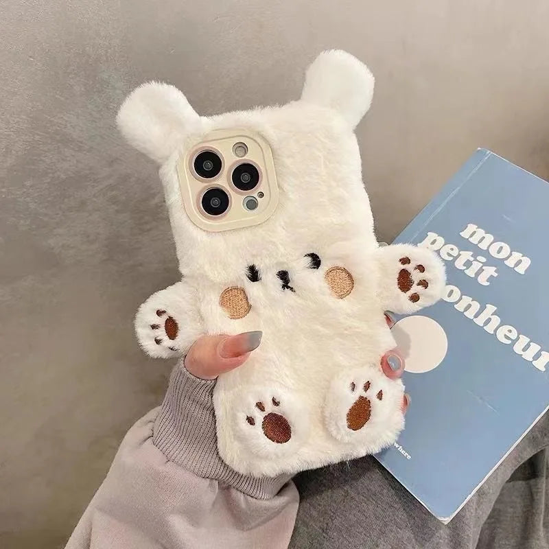 Cute Bear Soft Fluffy Plush Phone Cases For iPhone 16 Pro Max 15 14 13 12 11 X XS XR 7 8 Plus Autumn And Winter Shockproof Cover
