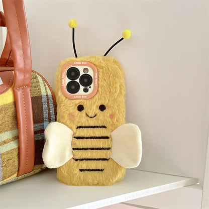Cute Fur Fluffy Bee Phone Case For iPhone 16 Pro 15 Plus 14 Pro Max 11 12 13 Pro Cover Cartoon Plush Silicone Cases with Stand