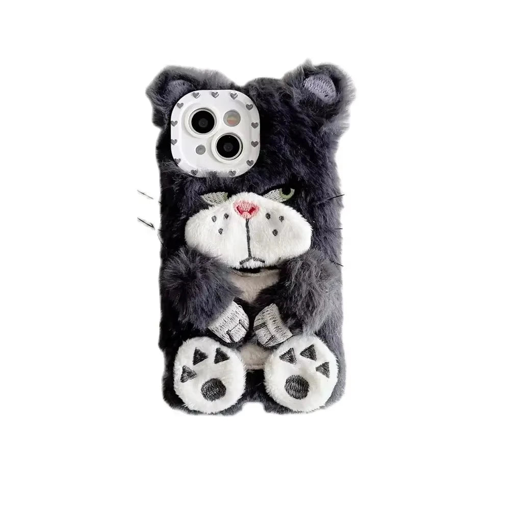 Ins Korean Cute Cartoon Grey Cat Fur Phone Case For iPhone 16 Pro 15 14 13 12 Pro Max 11 Funny Winter Plush Anime Soft Cover