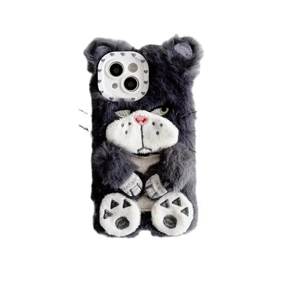 Ins Korean Cute Cartoon Grey Cat Fur Phone Case For iPhone 16 Pro 15 14 13 12 Pro Max 11 Funny Winter Plush Anime Soft Cover