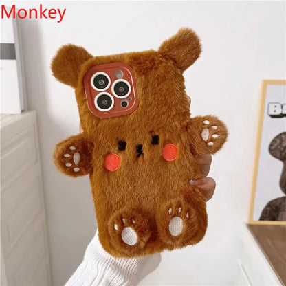 Cute Bear Soft Fluffy Plush Phone Cases For iPhone 16 Pro Max 15 14 13 12 11 X XS XR 7 8 Plus Autumn And Winter Shockproof Cover