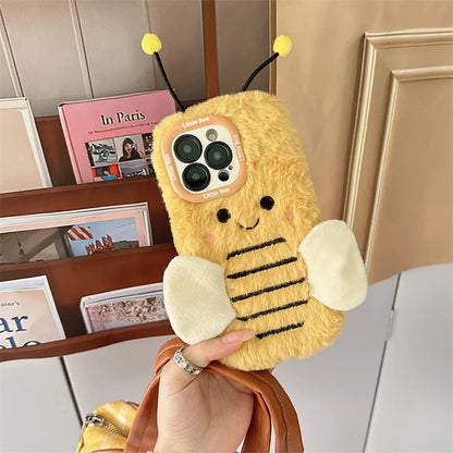 Cute Fur Fluffy Bee Phone Case For iPhone 16 Pro 15 Plus 14 Pro Max 11 12 13 Pro Cover Cartoon Plush Silicone Cases with Stand
