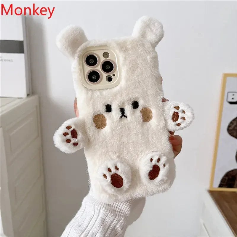 Cute Bear Soft Fluffy Plush Phone Cases For iPhone 16 Pro Max 15 14 13 12 11 X XS XR 7 8 Plus Autumn And Winter Shockproof Cover