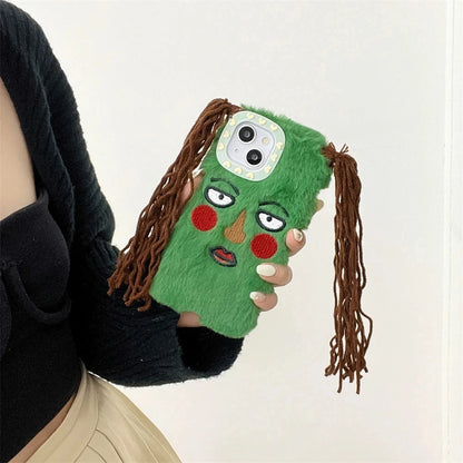 Korean Cute Funny Ugly Blush Girl Face Fur Phone Case For iPhone 16 Pro 15 14 13 12 Pro Max 11 Cartoon DIY Braids Plush Cover
