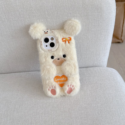 Cartoon Cute Flower Bear Plush Phone Case Couple's Autumn Winter Warm Phone Accessories for iPhone 16 15 Pro Max