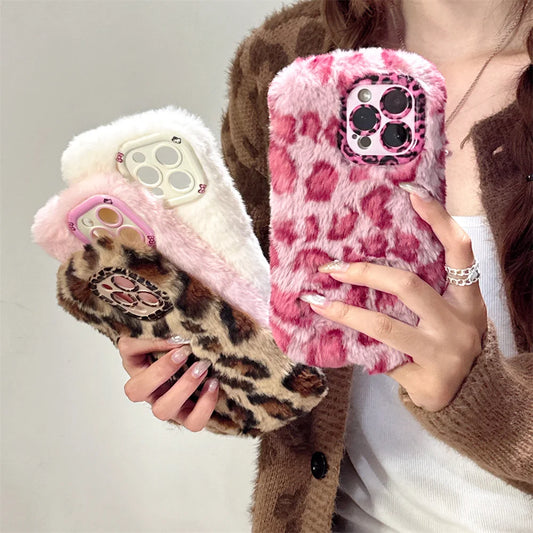 Fashion Leopard Fluffy Fur Case For iPhone 16 Pro Max 15 Plus 14 13 Kickstand Camera Lens Protection Frame Funda 16 Plus