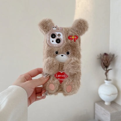 Cartoon Cute Flower Bear Plush Phone Case Couple's Autumn Winter Warm Phone Accessories for iPhone 16 15 Pro Max