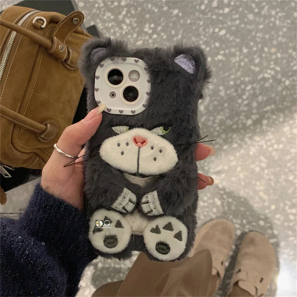 Ins Korean Cute Cartoon Grey Cat Fur Phone Case For iPhone 16 Pro 15 14 13 12 Pro Max 11 Funny Winter Plush Anime Soft Cover