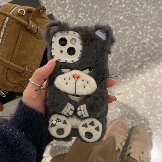 Ins Korean Cute Cartoon Grey Cat Fur Phone Case For iPhone 16 Pro 15 14 13 12 Pro Max 11 Funny Winter Plush Anime Soft Cover