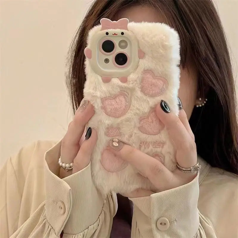 Monster Lens Pink Plush Love Case For iPhone 15 14 13 12 11 Pro Max Shockproof Plush Cover