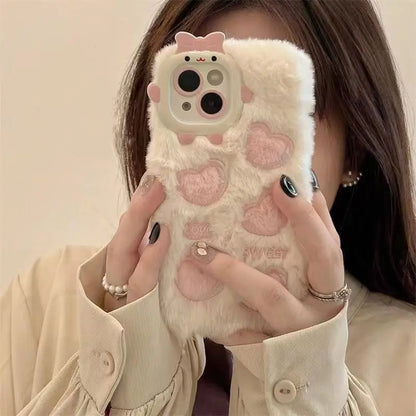 Monster Lens Pink Plush Love Case For iPhone 15 14 13 12 11 Pro Max Shockproof Plush Cover