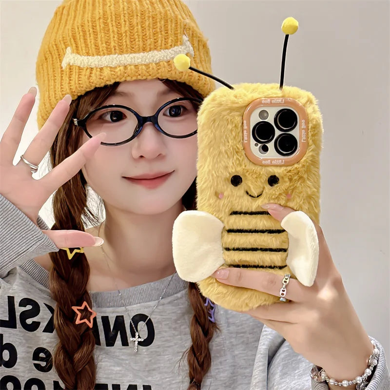 Cute Fur Fluffy Bee Phone Case For iPhone 16 Pro 15 Plus 14 Pro Max 11 12 13 Pro Cover Cartoon Plush Silicone Cases with Stand
